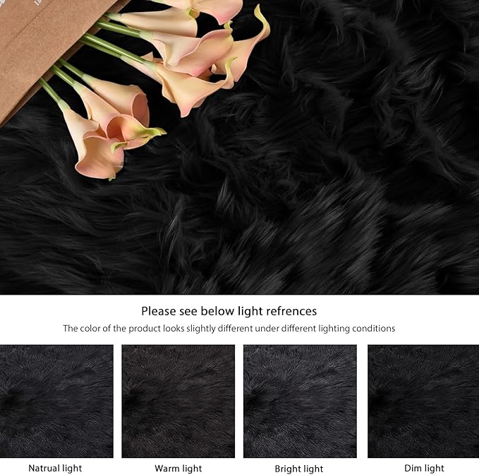 ORINOVA Black Fuzzy Washable Shaggy Area Rugs for Bedroom Small Circle Faux Sheepskin Shag Fur Round Rug 3ft Nursery Rug