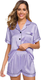 SWOMOG Womens Silk Satin Pajamas Set Short Sleeve Sleepwear Button Down Top and Shorts Loungewear 2 Piece Pjs Set XS-3XL