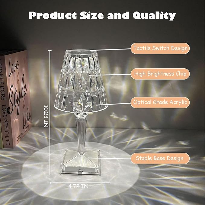 Crystal Table Lamp, 16 Color Changing Touch Crystal Rose Lamp with Remote, Rechargeable LED Diamond Romantic Night Light, Small Acrylic Cordless Table Lamp for Bedrooms Party Dinner Bar Decor Lights