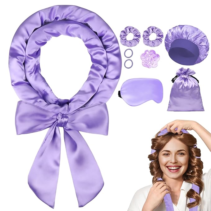 Heatless Curls Overnight Hair Curlers to Sleep In, Satin Heatless Curling Set - No Heat Overnight Curls, Hair Curlers No Heat Curlers, Beach Waves for Women Long Hair Volume (Purple)