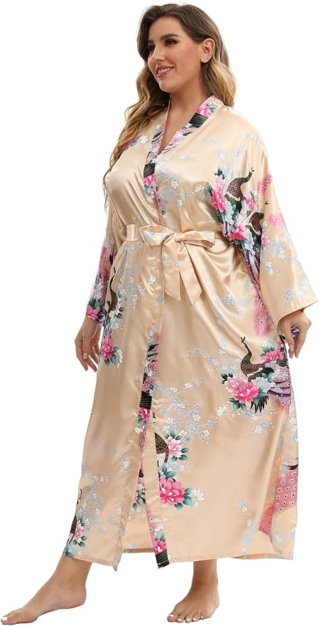 Women's Floral Long Satin Robes Plus Size Long Silk Robes Peacock Floral Kimonos Sleepwear Dressing Gown