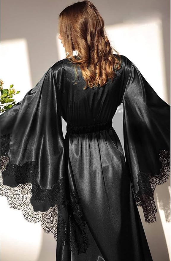 BATHGOWN Women's Satin Robe Black Silk Kimono Bride Robe for Wedding Day Lightweight Long Lace Loungewear Sleepwear