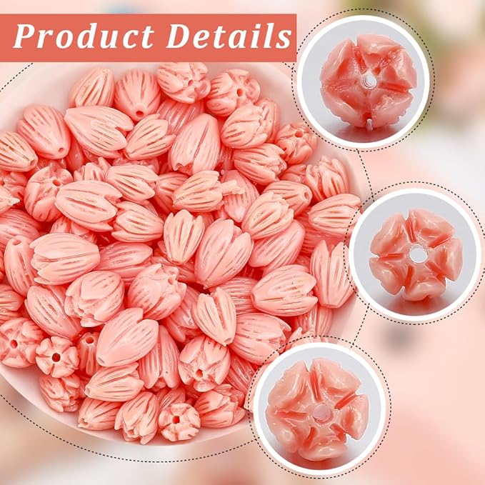 100Pcs 9mm 11mm Pikake Flower Beads Carved Coral Beads Summer Pink Jasmine Small Artificial Floral Dyed Synthetic Coral Smooth Loose Spacers Findings for Jewelry Making Bracelet Necklace DIY