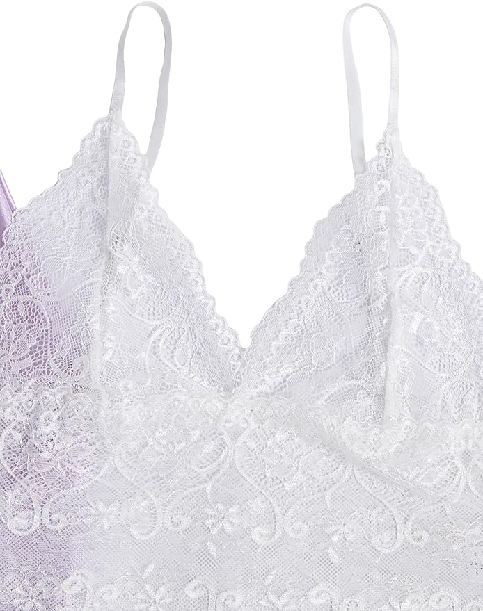 WDIRARA Women' Silk Satin Pajamas Set 4pcs Lingerie Floral Lace Cami Sleepwear with Robe