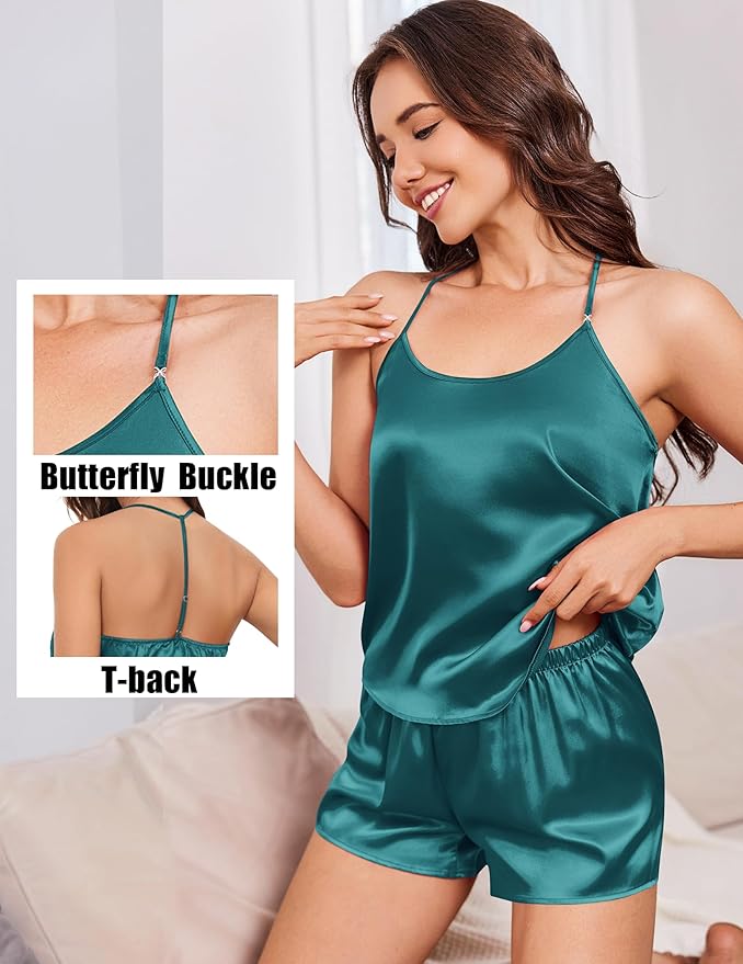Ekouaer Silk Satin Pajamas Set for Women T-back Lingerie Pjs Cami Top and Shorts Sleepwear Gift for Honeymoon Party
