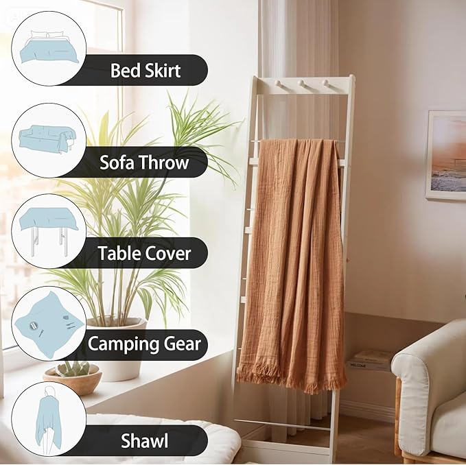 Cotton Muslin Throw Blanket with Tassels, Lightweight Woven Gauze, Pre-Washed Breathable Farmhouse Decor for Bed, Couch, All-Season Use (Tan, 50" x 60")