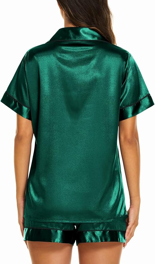 Ekouaer Silk Pajamas for Women Short Sleeve Sleepwear Soft Button Down Loungewear 2 Piece Satin Pjs Shorts Set