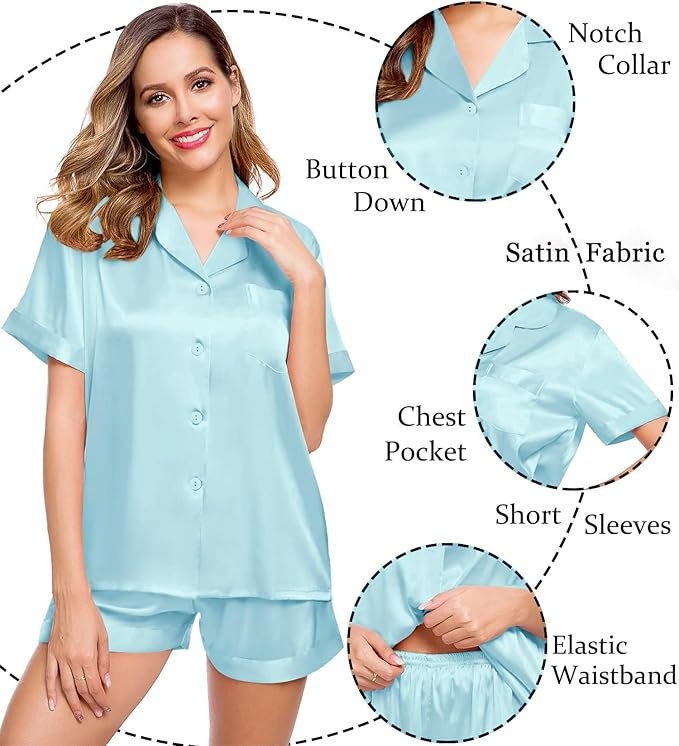 LecGee Womens Silk Satin Pajamas Short Sleeve Loungewear Two-Piece Sleepwear Button-Down Pj Set