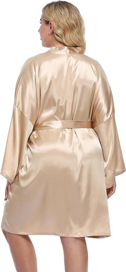 Women's Plus Size Satin Kimono Robes Short Silk Bathrobe Bridesmaid Wedding Party Nightgown Sleepwear