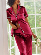 Ekouaer Silk Satin Pajamas Set Women Short Sleeve Sleepwear Soft Button Down Loungewear Pjs Set