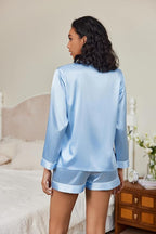 Ekouaer Satin Pajama Set for Women Button Down Pj Set Long Sleeve Top and Shorts 2 Piece Loungewear Summer Soft Sleepwear