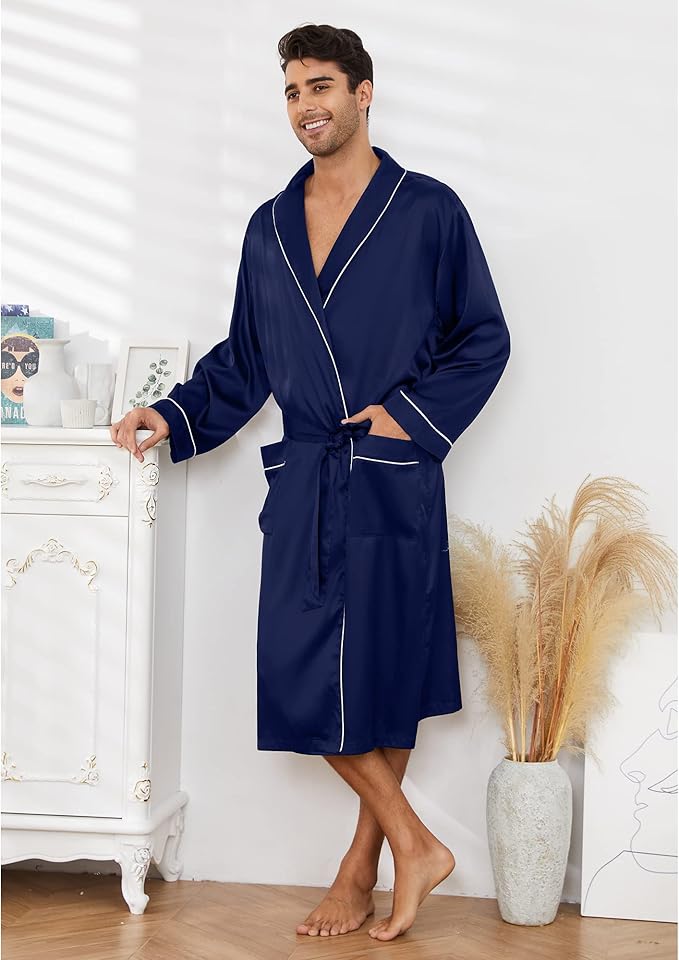 Vulcanodon Men’s Satin Robe Lightweight,Men's Luxurious Silk Kimono Bathrobe