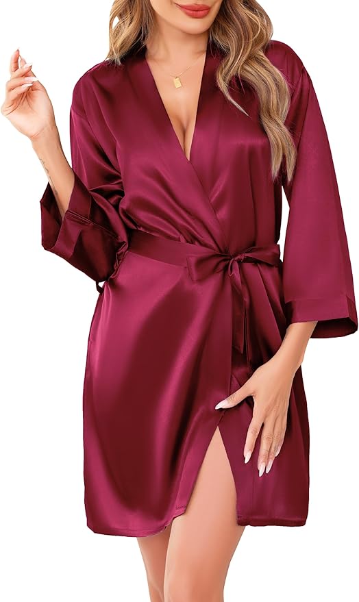 Women's Robes Satin Bathrobe Lightweight Short Silk Kimono V-Neck Bride Bridesmaids Loungewear