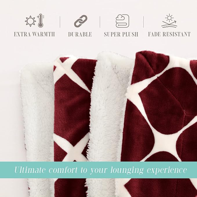 Elegant Comfort Throw Blanket, Reversible Sherpa Flannel, Ultra-Soft, Fuzzy, Cozy and Plush- All Season Lightweight Decorative Throw, 50 x 60 inches, Ogee Pattern Sherpa Throw, Burgundy