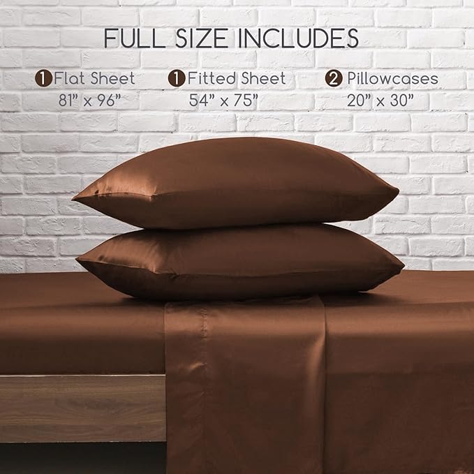 MR&HM Satin Bed Sheets, Full Size Sheets Set, 4 Pcs Silky Bedding Set with 15 Inches Deep Pocket for Mattress (Full, Brown)
