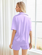 Ekouaer Pajamas for Women Silk Satin Pjs Soft Sleepwear Short Sleeve Button Down Pjs Top and Shorts 2 Piece Lounge Set S-XXL