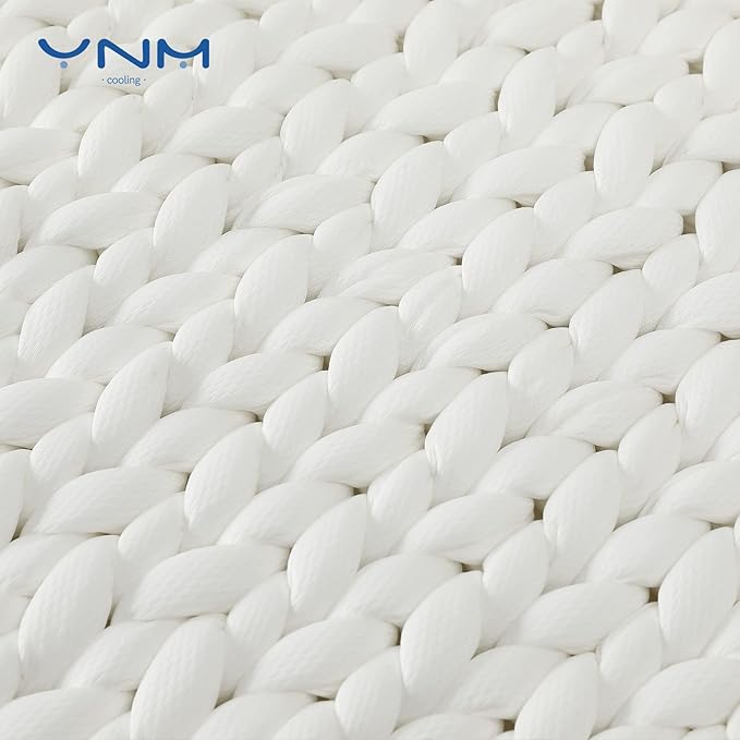 YnM Cooling Weighted Blanket, Handmade Chunky Yarn Knitted Design, Temperature Regulating and Breathable, Machine Washable Throw for Sleep or Home Decor (White, 80x87 Inch, 25lbs)