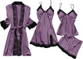 Women's 4pcs Silk Satin Pajamas Set Floral Lace Trim Dress with Robe Lounge Sleepwear Nightdress Novelty Loungewear