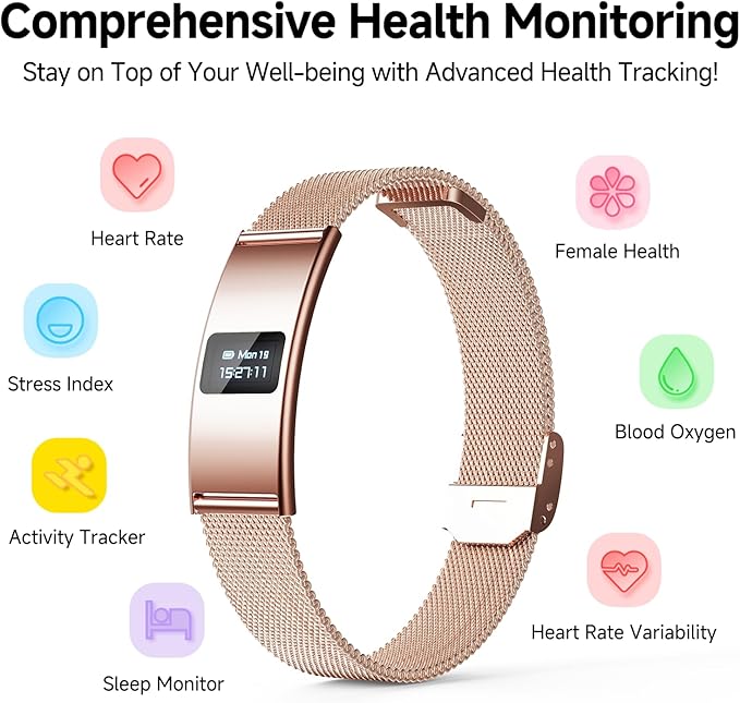 Smart Bracelet, Subscription-Free 24/7 Health Tracking, Heart Rate, SpO2, HRV & Sleep Tracker with IPX8 Waterproof, Wearable Activity & Fitness Tracker, 7-Day Battery, 2 Bands (Rose Gold)