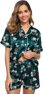 SWOMOG Womens Silk Satin Pajamas Set Short Sleeve Sleepwear Button Down Top and Shorts Loungewear 2 Piece Pjs Set XS-3XL