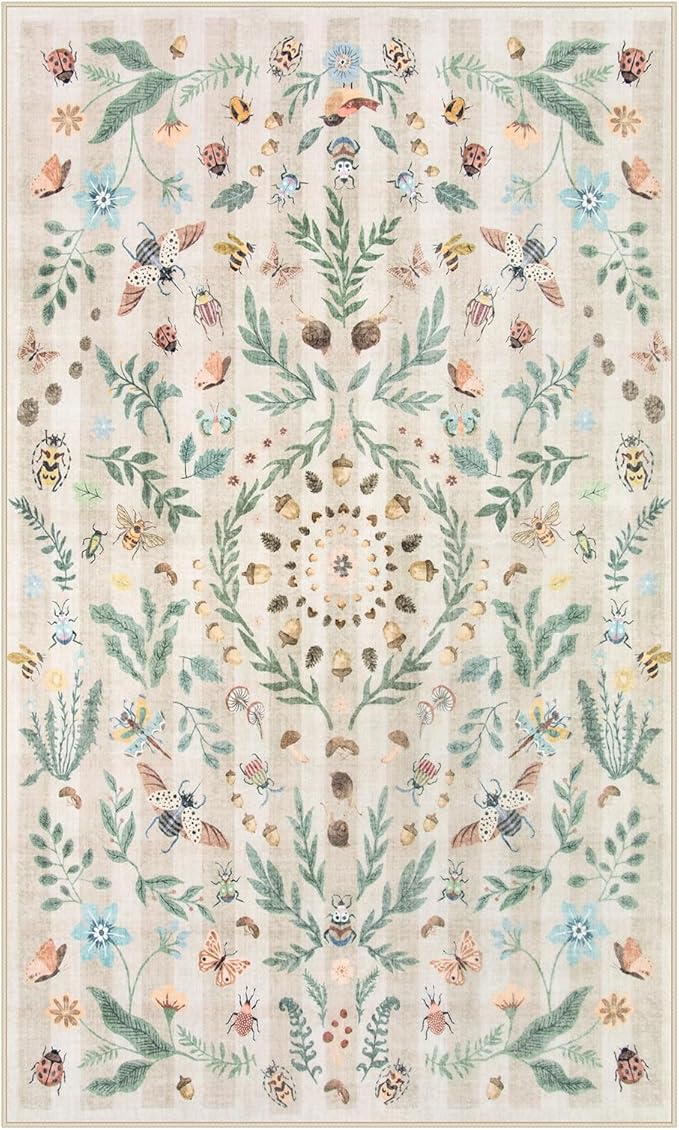Lahome Chloe Insect Botanical 3x5 Washable Rugs for Entryway Soft Rug for Bedroom, Beige Kitchen Rugs Non Slip Washable, Boho Floral Indoor Throw Carpet for Bathroom Laundry Living Room(Beige,3x5)