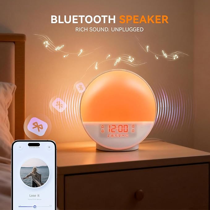 Sunrise Alarm Clock with App Control for Heavy Sleepers, Bedroom, Wake Up Light with Sunrise&Sunset Simulation, White Noise Sound Machine with 11 Colors Night Lights, Dual Alarms, FM Radio