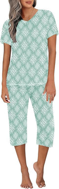 Ekouaer Women's Sleepwear Capri Pajama Sets Short Sleeve Two-Piece Pjs V Neck Tops & Capri Pants with Pockets S-3XL