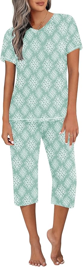 Ekouaer Women's Sleepwear Capri Pajama Sets Short Sleeve Two-Piece Pjs V Neck Tops & Capri Pants with Pockets S-3XL