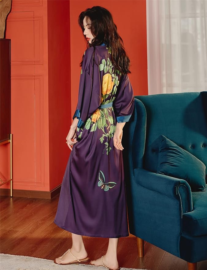 Kihnop Women's Floral Long Kimono Robe Long Satin Robe Long Silk Robe Ladies Kimonos Silky Bathrobe Cover Up, One Size