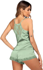 Ekouaer Satin Pajamas Women Lace Sleepwear Lingerie Cami Shorts Set Nightwear XS-XXL