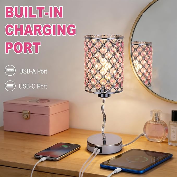EOEYYOYB Crystal Table Lamp with 3 Way Dimmable Touch Control, Nightstand with USB A+C Ports, Modern Bedside Touch Lamp for Bedroom, Living Room, Office Reading, Pink