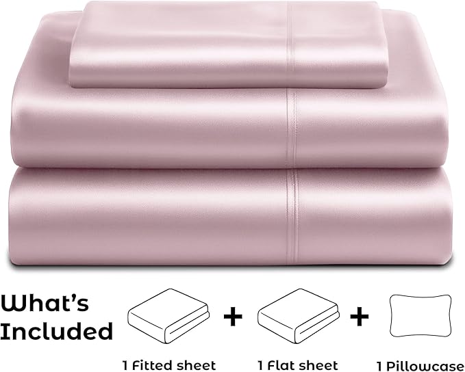 Pure Bedding Satin Sheets Twin [3-Piece, Champagne Pink] Hotel Luxury Silky Bed Sheets - Extra Soft 1800 Microfiber Sheet Set, Wrinkle, Fade, Deep Pocket Fitted Sheet, Flat Sheet, Pillow Cases