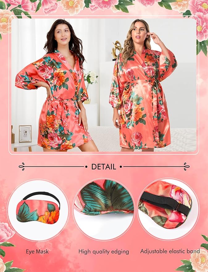 EPLAZA Silk Robes for Women Satin Robe Short Sexy Print Flower Kimono Loungewear Wedding Bridal Party
