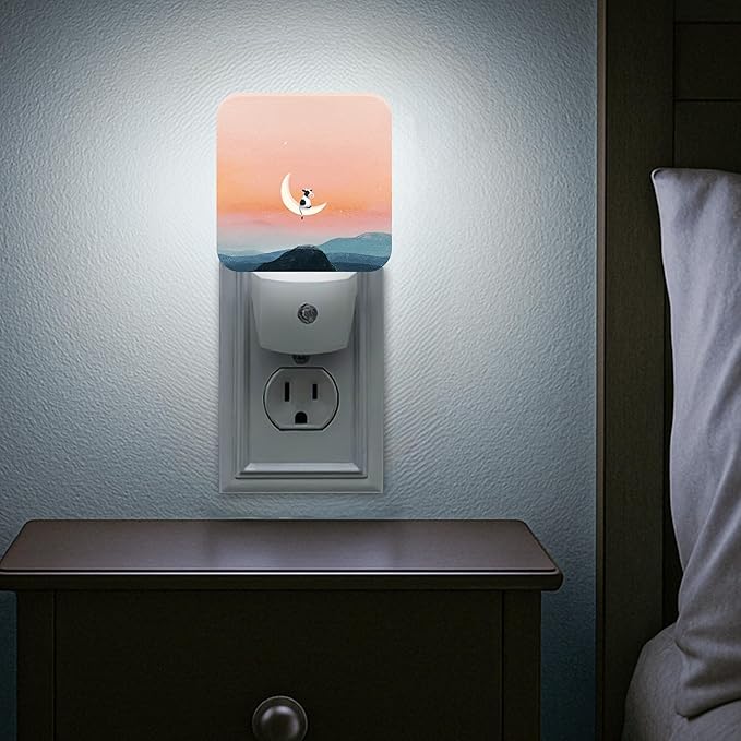 Cow Night Lights Plug Into Wall, Fanciful Playful Moon Mountain None Peach Plug in Night Light with Dusk to Dawn Sensor for Guest Room Basement Office Decor 2pcs