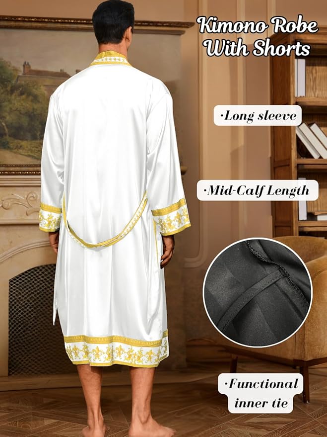 ChiaoLezhee Men's Luxury Silky Robe & Shorts Set, 2PC Lightweight Satin Pajamas with Pockets, Opulent Baroque Kimono Gifts