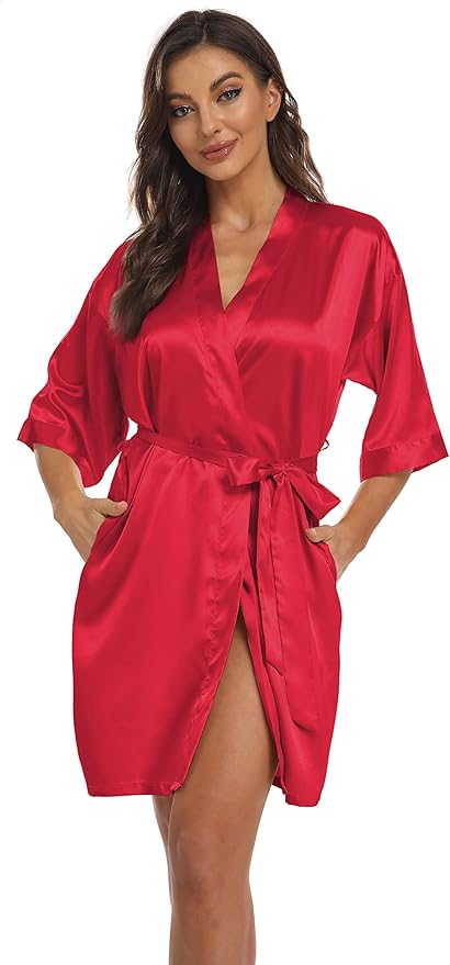 Women's Pure Short Kimono Robes Bride Bridesmaids Silky Bathrobe Lightweight Satin Sleepwear