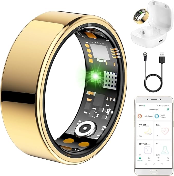 Ring Health Tracker for Women Men, Fitness Ring with Heart Rate,Blood Oxygen,Sleep Monitor,Calories, Step Counter, IP68 Waterproof Smart Ring for iPhone & Android, No Subscription Fee (Gold, 13#)