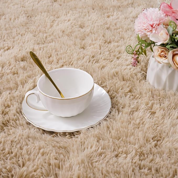 Beige Rugs for Bedroom 6x9 ft - Ultra Soft Faux Fur Area Rug - Plush Non-Slip Shaggy Carpet for Living Room, Cozy Fluffy Rug for Kids Boys Girls Dorm Nursery Room, High Pile Floor Carpet