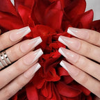 Hypnaughty 24 Pcs Paris Classy French Coffin Press On Nails with Design and Glue Medium Long Fake Nails Nude Pink and White Asymmetrical French Tip Glue On Nails Full Cover (Paris)