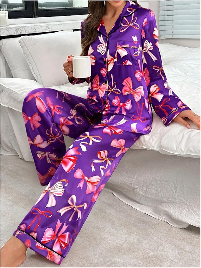 WDIRARA Women's 2 Piece Bowknot Print Satin Pajama Set Long Sleeve Button Down Lounge Pants Sleepwear Sets