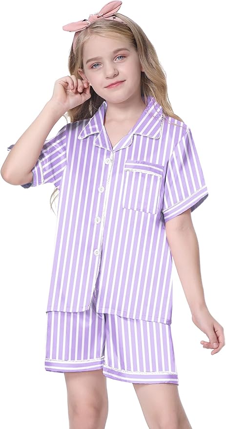 Girls & Womens Satin Pajamas Set, Silk Button-Down Sleepwear 2 Piece Nightwear, 3 Years - Women XXL