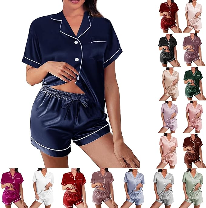 WJing Yi Jia Womens Silk Satin Pajamas Loungewear Two-Piece Sleepwear Button-Down Floral Pj Set XS-4XL