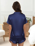 Silk Pajamas for Women Button Down 2 Piece Satin Pjs Shorts Set Ruffle Notch Collar Sleepwear Loungewear