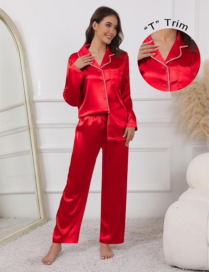 Ekouaer Pajamas For Women Set Silk Pjs 2 Piece Satin Sleepwear Long Sleeve Button Down Lounge Sets With Pant