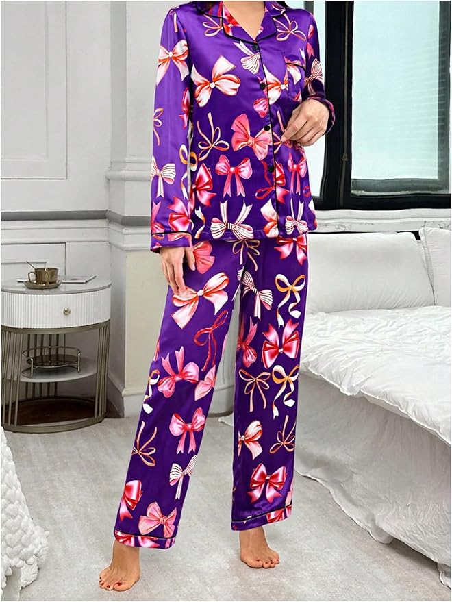 WDIRARA Women's 2 Piece Bowknot Print Satin Pajama Set Long Sleeve Button Down Lounge Pants Sleepwear Sets