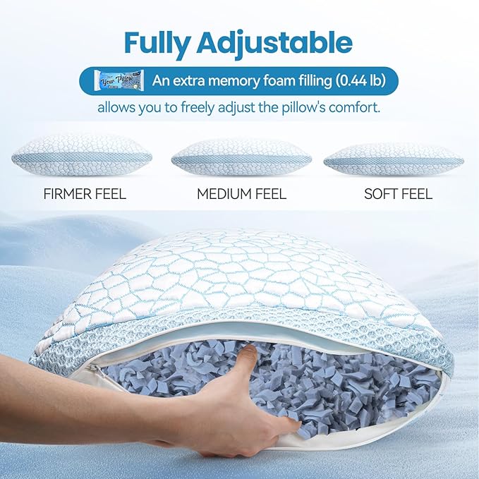QUTOOL Double Sided Cooling Pillow for Hot Sleepers, Shredded Memory Foam Pillows King Size Set of 2, Adjustable Soft & Firm Gel Bed Pillow for Side, Back, Stomach Sleepers