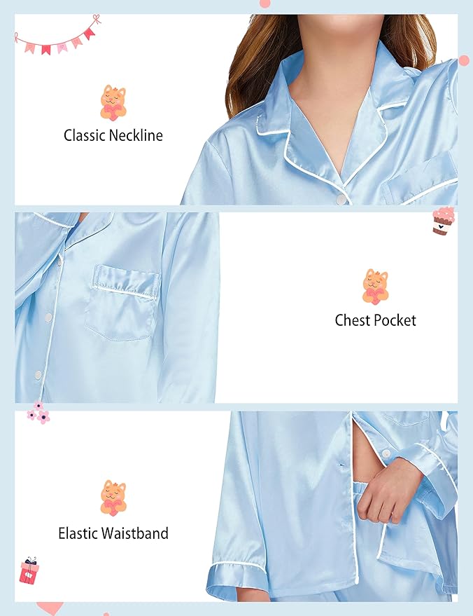 EPLAZA Kids Satin Pajamas Sets Girls Boys Button-Down Silky Pajamas Sleepwear with Hairband Eye Mask Hair Tie
