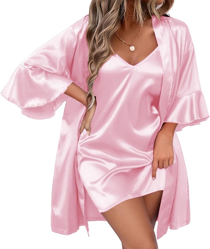 Ekouaer Women's Silk Robe Set V-neck 2 Piece Bridal Party Robes and Satin Bathrobe Set with Pockets
