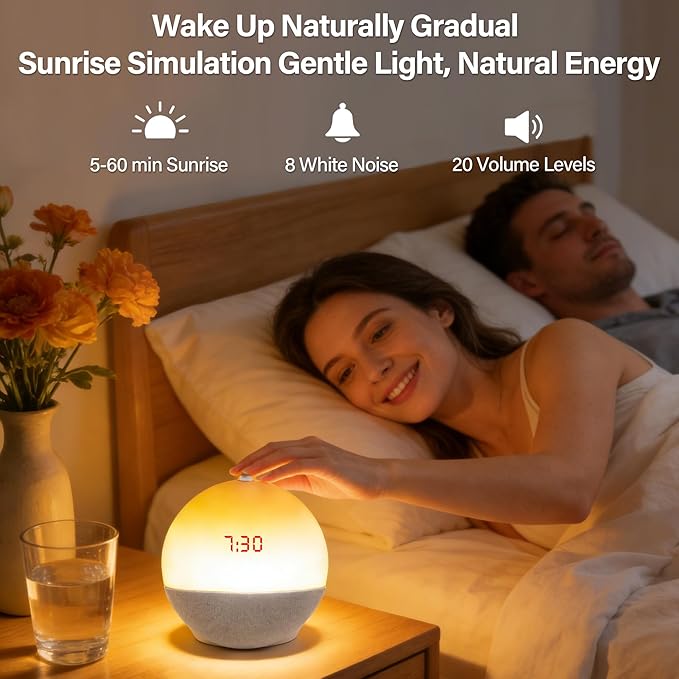 Sunrise Alarm Clock with Bluetooth Speaker, Dual Alarm Clock Radio with White Noise Sleep Machine, RGB Bedside Night Light, FM Radio, 10W Stereo Sound, Rechargeable Smart Clock for Bedroom