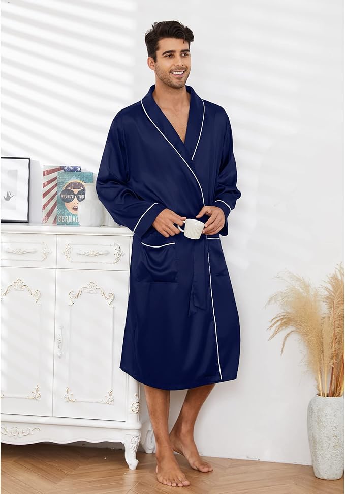 Vulcanodon Men’s Satin Robe Lightweight,Men's Luxurious Silk Kimono Bathrobe
